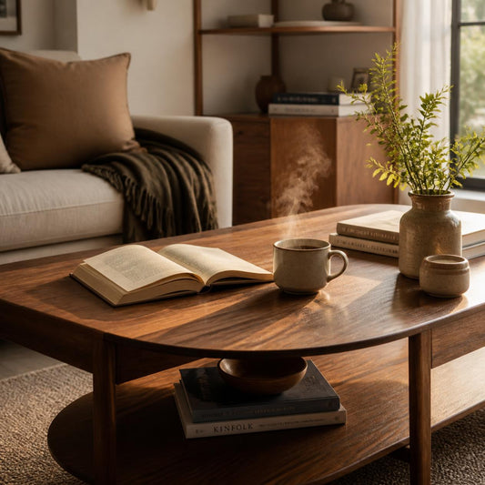 Modern Organic Wood Coffee Table with Lower Shelf